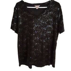 VTG 80's White Stag Woman's Blouse Size XL Black Soot Sequin Beaded Dressy